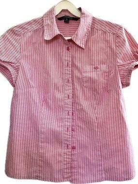 Chadwicks Petites Womens Blouse Red striped button down Short Puff Sleeves Sz 6P